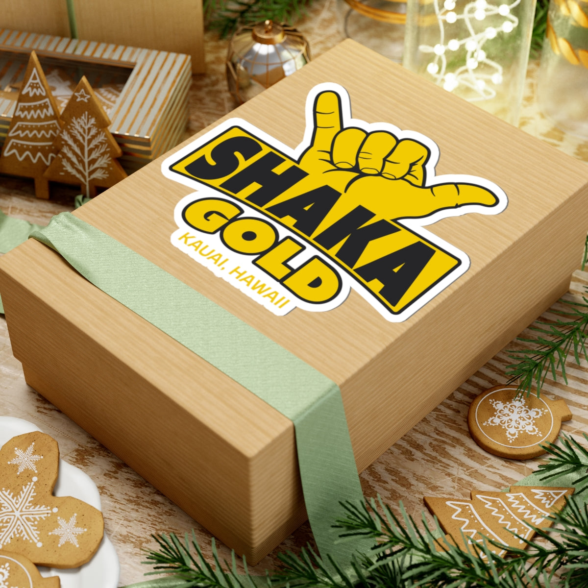 Shaka Gold Sticker — Kauai Hawaii Shaka Vibe Kiss-Cut Decal