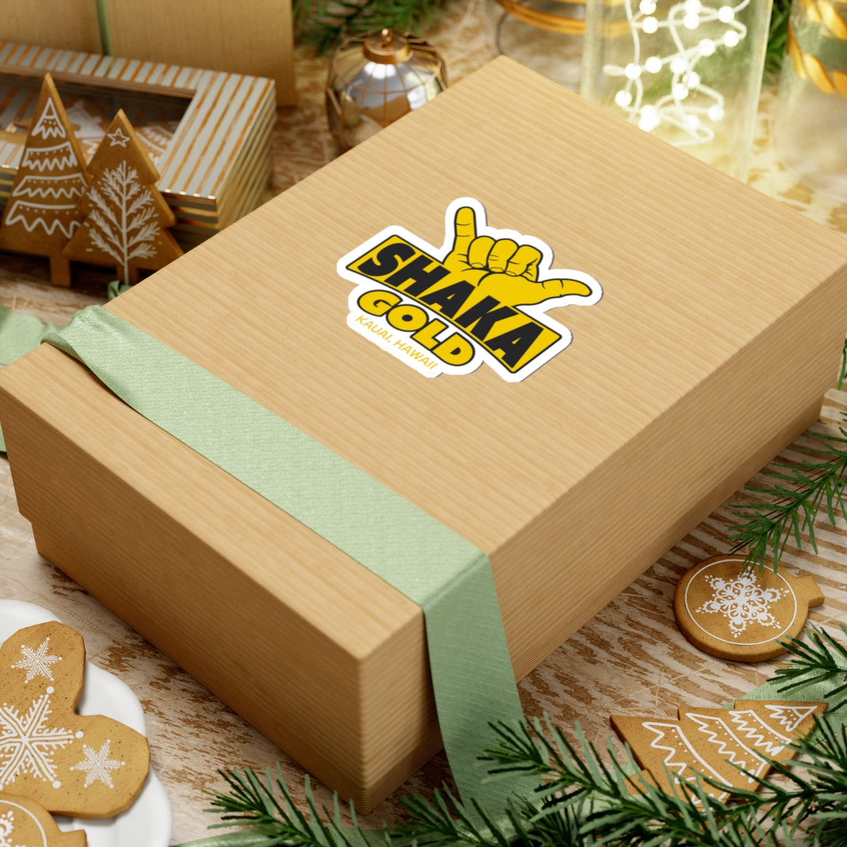 Shaka Gold Sticker — Kauai Hawaii Shaka Vibe Kiss-Cut Decal